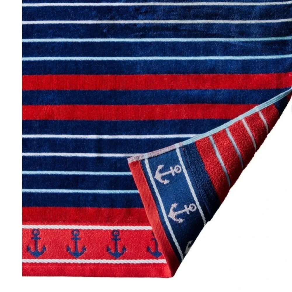 BHG 2PC Navy Clarence Stripe Anchor Beach Towels 6x3 Oversized Soft Vacation red
